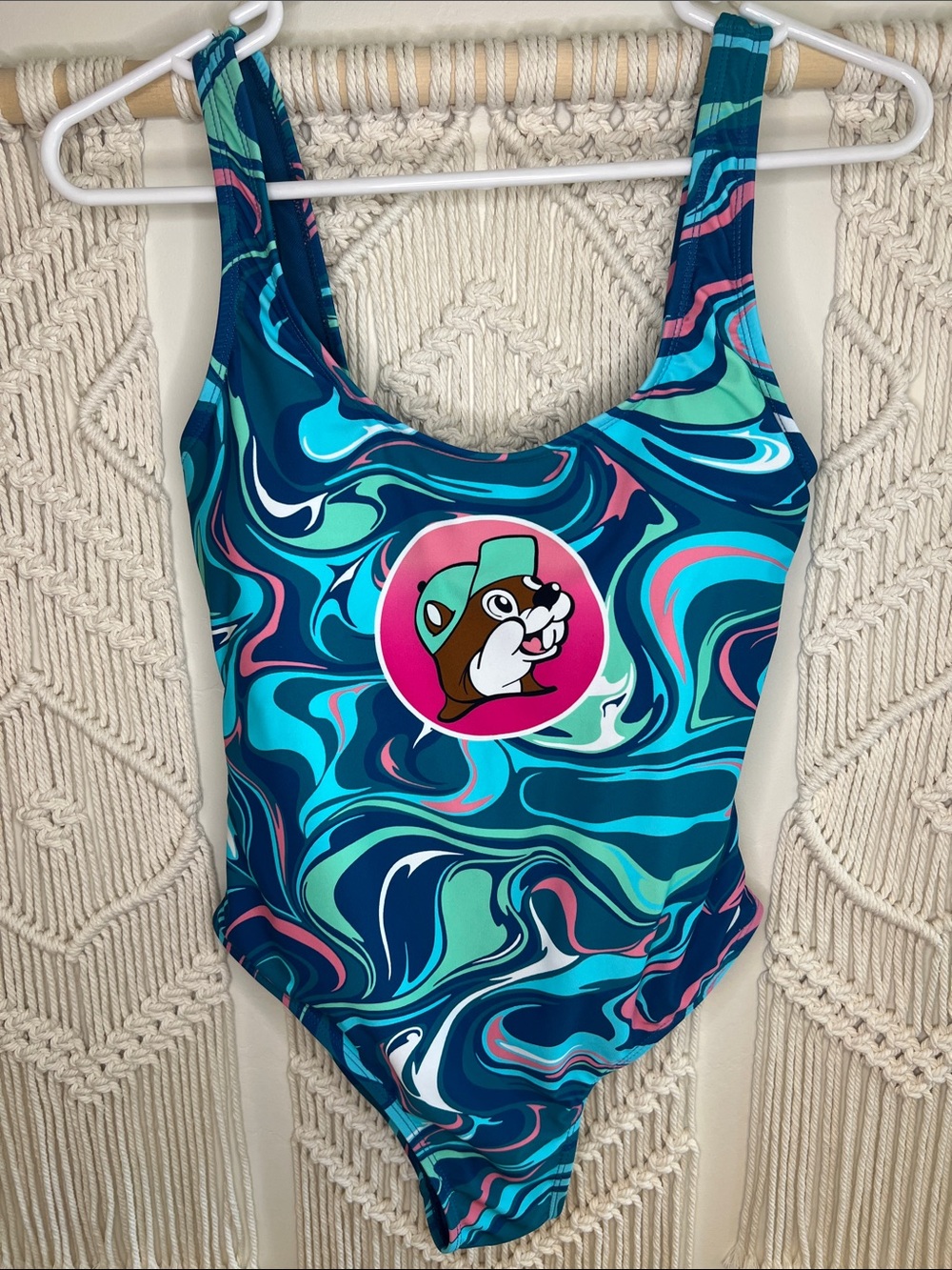 Turquoise Swirl One-Piece Swimsuit with Playful Graphic